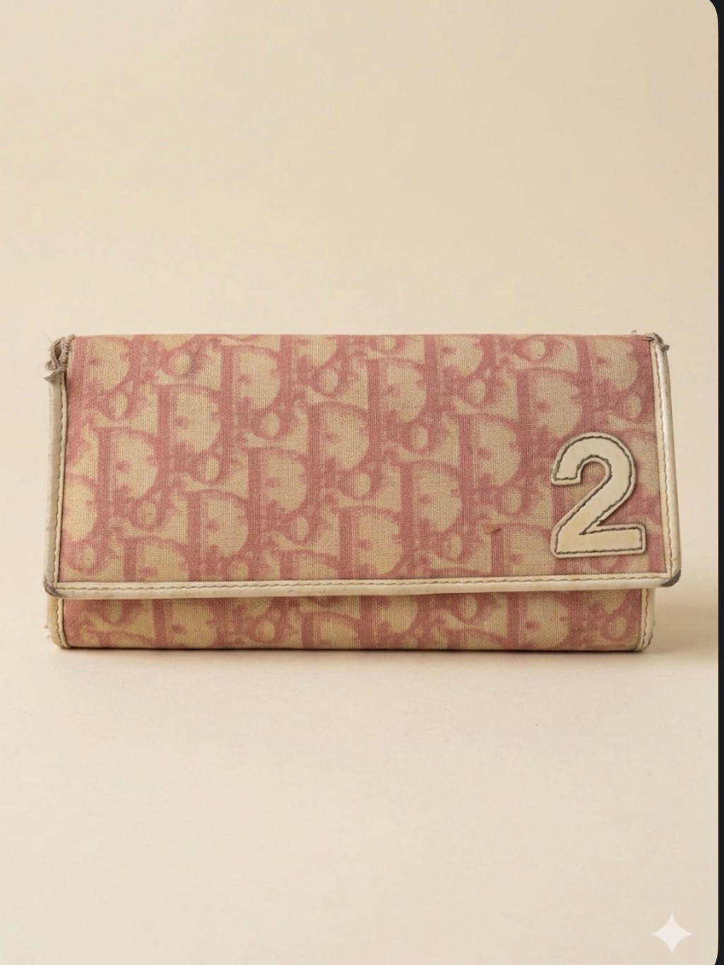 Dior Pink Canvas Fold-Over Wallet With White Trim And '2' Patch